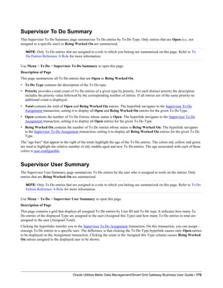 Supervisor To Do Summary
This Supervisor To Do Summary page summarizes To Do entries by To Do Type. Only entries that are Open (i.e., not
assigned to a specific user) or Being Worked On are summarized.
NOTE: Only To Do entries that are assigned to a role to which you belong are summarized on this page. Refer to To
Do Entries Reference A Role for more information.
Use Menu > To Do > Supervisor To Do Summary to open this page.
Description of Page
This page summarizes all To Do entries that are Open or Being Worked On.
• To Do Type contains the description of the To Do type.
• Priority provides a total count of To Do entries of a given type by priority. For each distinct priority the description
includes the priority value followed by the corresponding number of entries. If all entries are of the same priority no
additional count is displayed.
• Total contains the total of Open and Being Worked On entries. The hyperlink navigates to the Supervisor To Do
Assignment transaction, setting it to display all Open and Being Worked On entries for the given To Do Type.
• Open contains the number of To Do Entries whose status is Open. The hyperlink navigates to the Supervisor To Do
Assignment transaction, setting it to display all Open entries for the given To Do Type.
• Being Worked On contains the number of To Do entries whose status is Being Worked On. The hyperlink navigates
to the Supervisor To Do Assignment transaction, setting it to display all Being Worked On entries for the given To Do
Type.
The "age bars" that appear to the right of the totals highlight the age of the To Do entries. The colors red, yellow and green
are used to highlight the relative number of old, middle-aged and new To Do entries. The age associated with each of these
colors is user-configurable.
Supervisor User Summary
The Supervisor User Summary page summarizes To Do entries by the user who is assigned to work on the entries. Only
entries that are Being Worked On are summarized.
NOTE: Only To Do entries that are assigned to a role to which you belong are summarized on this page. Refer to To Do
Entries Reference A Role for more information.
Use Menu > To Do > Supervisor User Summary to open this page.
Description of Page
This page contains a grid that displays all assigned To Do entries by User ID and To Do type. It indicates how many To
Do entries of the displayed Type are assigned to the user (Assigned this Type) and how many To Do entries in total are
assigned to the user (Assigned Total).
Clicking the hyperlinks transfer you to the Supervisor To Do Assignment transaction. On this transaction, you can assign /
reassign To Do entries to a specific user. The difference is that clicking the To Do Type hyperlink causes only Open entries
to be displayed on the Assignment transaction. Clicking the count in the Assigned this Type column causes Being Worked
On entries assigned to the displayed user to be shown.
Oracle Utilities Meter Data Management/Smart Grid Gateway Business User Guide • 170
 