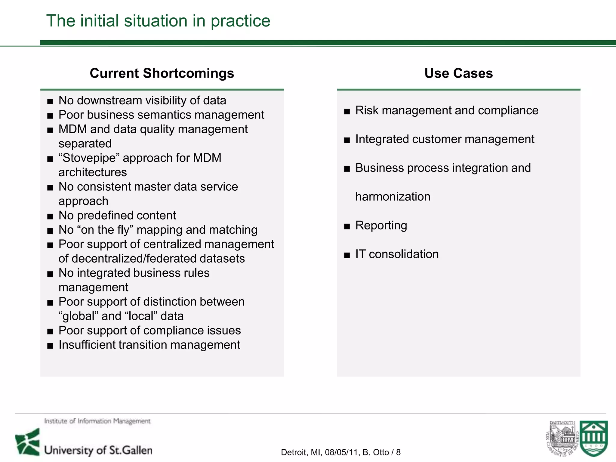 The initial situation in practice

       Current Shortcomings                                                     Use Cases
■ No downstream visibility of data
■ Poor business semantics management                        ■ Risk management and compliance
■ MDM and data quality management
  separated                                                 ■ Integrated customer management
■ “Stovepipe” approach for MDM
  architectures                                             ■ Business process integration and
■ No consistent master data service
  approach                                                      harmonization
■ No predefined content
■ No “on the fly” mapping and matching                      ■ Reporting
■ Poor support of centralized management
  of decentralized/federated datasets                       ■ IT consolidation
■ No integrated business rules
  management
■ Poor support of distinction between
  “global” and “local” data
■ Poor support of compliance issues
■ Insufficient transition management




                                           Detroit, MI, 08/05/11, B. Otto / 8
 