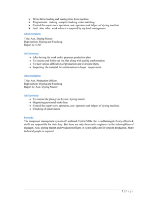 7 | P a g e
 Write fabric loading and loading time from machine
 Programmers making , sample checking, color matching.
 Control the supervisors, operators, asst. operators and helpers of dyeing machine
 And also other work when it is required by top level management.
Job Description:
Title: Asst. Dyeing Master
Dept/section: Dyeing and Finishing.
Report to: G.M.
Job Summary:
 After having the work order, prepares production plan
 To execute and follow up the plan along with quality conformation.
 To face various difficulties of production and overcome them.
 Inspecting the material for conformation to buyer requirement.
Job Description:
Title: Asst. Production Officer
Dept/section: Dyeing and Finishing
Report to: Asst. Dyeing Master.
Job Summary:
 To execute the plan given by asst. dyeing master.
 Organizing personnel under him.
 Control the supervisors, operators, asst. operators and helpers of dyeing machine.
 Checking of shade match.
Remarks:
The manpower management system of Landmark Textile Mills Ltd. is wellarranged. Every officers &
stuffs are responsible for their duty. But there are only threetextile engineers in the industry(General
manager, Asst. dyeing master and Productionofficer). It is not sufficient for smooth production. More
technical people is required.
 