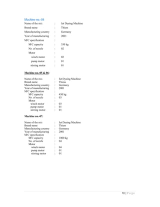 10 | P a g e
Machine no.-04
Name of the m/c : Jet Dyeing Machine
Brand name : Thiess
Manufacturing country : Germany
Year of manufacturing : 2001
M/C specification :
M/C capacity : 350 kg
No .of nozzle : 02
Motor :
winch motor : 02
pump motor : 01
stirring motor : 01
Machine no.-05 & 06:
Name of the m/c : Jet Dyeing Machine
Brand name : Thiess
Manufacturing country : Germany
Year of manufacturing : 2001
M/C specification :
M/C capacity : 450 kg
No .of nozzle : 03
Motor :
winch motor : 03
pump motor : 01
stirring motor : 01
Machine no.-07:
Name of the m/c : Jet Dyeing Machine
Brand name : Thiess
Manufacturing country : Germany
Year of manufacturing : 2001
M/C specification :
M/C capacity : 1000 kg
No .of nozzle : 04
Motor :
winch motor : 04
pump motor : 01
stirring motor : 01
 