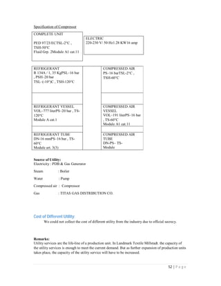 52 | P a g e
Specification of Compressor
ELECTRIC
220-230 V/ 50 Hz1.28 KW16 amp
REFRIGERANT
R 134A / 1, 35 KgPSL–16 bar
, PSH–20 bar
TSL–(-10)C , TSH-120C
COMPRESSED AIR
PS–16 barTSL-2C ,
TSH-60C
REFRIGERANT VESSEL
VOL–777 literPS–20 bar , TS-
120C
Module A cat.1
COMPRESSED AIR
VESSEL
VOL–191 literPS–16 bar
, TS-60C
Module A1 cat.11
REFRIGERANT TUBE
DN-16 mmPS–16 bar , TS-
60C
Module art. 3(3)
COMPRESSED AIR
TUBE
DN-PS– TS-
Module
Source of Utility:
Electricity : PDB & Gas Generator
Steam : Boiler
Water : Pump
Compressed air : Compressor
Gas : TITAS GAS DISTRIBUTION CO.
Cost of Different Utility:
We could not collect the cost of different utility from the industry due to official secrecy.
Remarks:
Utility services are the life-line of a production unit. In Landmark Textile Millstadt. the capacity of
the utility services is enough to meet the current demand. But as further expansion of production units
takes place, the capacity of the utility service will have to be increased.
COMPLETE UNIT
PED 97/23/ECTSL-2C ,
TSH-50C
Fluid Grp. 2Module A1 cat.11
 