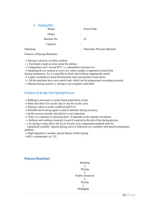 58 | P a g e
6 Packing M/c
Brand : Power Pack
Origin :
Machine No. : 01
Capacity :
Operating : Pneumatic Pressure Operated
Features of Dyeing Machines:
Dyeing is done by overflow method
.Yarn hank is kept on stick inside the cabinet.
Temperature can’t exceed 98C i.e. atmospheric pressure m/c.
Sampling device remains at every m/c where sample is separately joined befor
dyeing commences. So it is possible to check shed without stopping the machi
Liquor circulation is done flowing three times up and three times down.
All the machines have own control unit, which can be programmer according necessity
Manual dozing system i.e. dozing is not computer controlled.
Features of Acrylic Yarn Dyeing Process:
Bulking is necessary to assure better penetration of dye.
Basic dye (here Tai–acrylic dye) is use for acrylic yarn.
Dyeing is done in acidic condition (pH 4-5).
Retarder and leveling agent is used to maintain dyeing accuracy.
In this process retarder calculation is very important.
There is a constrain in selecting dye%. It depends on the retarder calculation
.Softener and washing chemical is used if required at the end of the dyeing process
.As dyeing is done above the Tg of Acrylic yarn, temperature gradient must be
maintained carefully. Special dyeing curve is followed very carefully with specifi temperature
gradient.
High migration is another special feature of this dyeing.
M:L is maintained at 1:25.
Process Flowchart:
Batching

Dyeing

Hydro extraction

Drying

Packaging
 