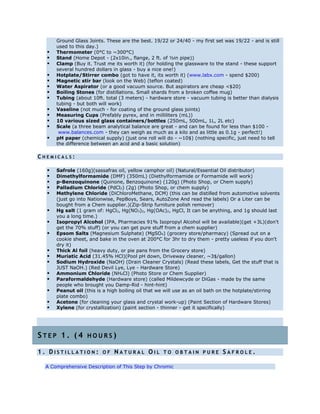 Ground Glass Joints. These are the best. 19/22 or 24/40 - my first set was 19/22 - and is still
used to this day.)
 Thermometer (0°C to ~300°C)
 Stand (Home Depot - (2x10in., flange, 2 ft. of ½in pipe))
 Clamp (Buy it. Trust me its worth it) (for holding the glassware to the stand - these support
several hundred dollars in glass - buy a nice one!)
 Hotplate/Stirrer combo (got to have it, its worth it) (www.labx.com - spend $200)
 Magnetic stir bar (look on the Web) (teflon coated)
 Water Aspirator (or a good vacuum source. But aspirators are cheap <$20)
 Boiling Stones (for distillations. Small shards from a broken coffee mug)
 Tubing (about 10ft. total (3 meters) - hardware store - vacuum tubing is better than dialysis
tubing - but both will work)
 Vaseline (not much - for coating of the ground glass joints)
 Measuring Cups (Prefably pyrex, and in milliliters (mL))
 10 various sized glass containers/bottles (250mL, 500mL, 1L, 2L etc)
 Scale (a three beam analytical balance are great - and can be found for less than $100 -
www.balances.com - they can weigh as much as a kilo and as little as 0.1g - perfect!)
 pH paper (chemical supply) (just one roll will do - ~10$) (nothing specific, just need to tell
the difference between an acid and a basic solution)
C H E M I C A L S :
 Safrole (160g)(sassafras oil, yellow camphor oil) (Natural/Essential Oil distributor)
 Dimethylformamide (DMF) (350mL) (Diethylformamide or Formamide will work)
 p-Benzoquinone (Quinone, Benzoquinone) (120g) (Photo Shop, or Chem supply)
 Palladium Chloride (PdCl2) (2g) (Photo Shop, or chem supply)
 Methylene Chloride (DiChloroMethane, DCM) (this can be distilled from automotive solvents
(just go into Nationwise, PepBoys, Sears, AutoZone And read the labels) Or a Liter can be
bought from a Chem supplier.)(Zip-Strip furniture polish remover)
 Hg salt (1 gram of: HgCl2, Hg(NO3)2, Hg(OAc)2, HgCl, It can be anything, and 1g should last
you a long time.)
 Isopropyl Alcohol (IPA, Pharmacies 91% Isopropyl Alcohol will be available)(get +3L)(don't
get the 70% stuff) (or you can get pure stuff from a chem supplier)
 Epsom Salts (Magnesium Sulphate) (MgSO4) (grocery store/pharmacy) (Spread out on a
cookie sheet, and bake in the oven at 200°C for 3hr to dry them - pretty useless if you don't
dry it)
 Thick Al foil (heavy duty, or pie pans from the Grocery store)
 Muriatic Acid (31.45% HCl)(Pool pH down, Driveway cleaner, ~3$/gallon)
 Sodium Hydroxide (NaOH) (Drain Cleaner Crystals) (Read these labels, Get the stuff that is
JUST NaOH.) (Red Devil Lye, Lye - Hardware Store)
 Ammonium Chloride (NH4Cl) (Photo Store or Chem Supplier)
 Paraformaldehyde (Hardware store) (called Mildewcyde or DiGas - made by the same
people who brought you Damp-Rid - hint-hint)
 Peanut oil (this is a high boiling oil that we will use as an oil bath on the hotplate/stirring
plate combo)
 Acetone (for cleaning your glass and crystal work-up) (Paint Section of Hardware Stores)
 Xylene (for crystallization) (paint section - thinner - get it specifically)
S T E P 1 . ( 4 H O U R S )
1 . D I S T I L L A T I O N : O F N A T U R A L O I L T O O B T A I N P U R E S A F R O L E .
A Comprehensive Description of This Step by Chromic
 