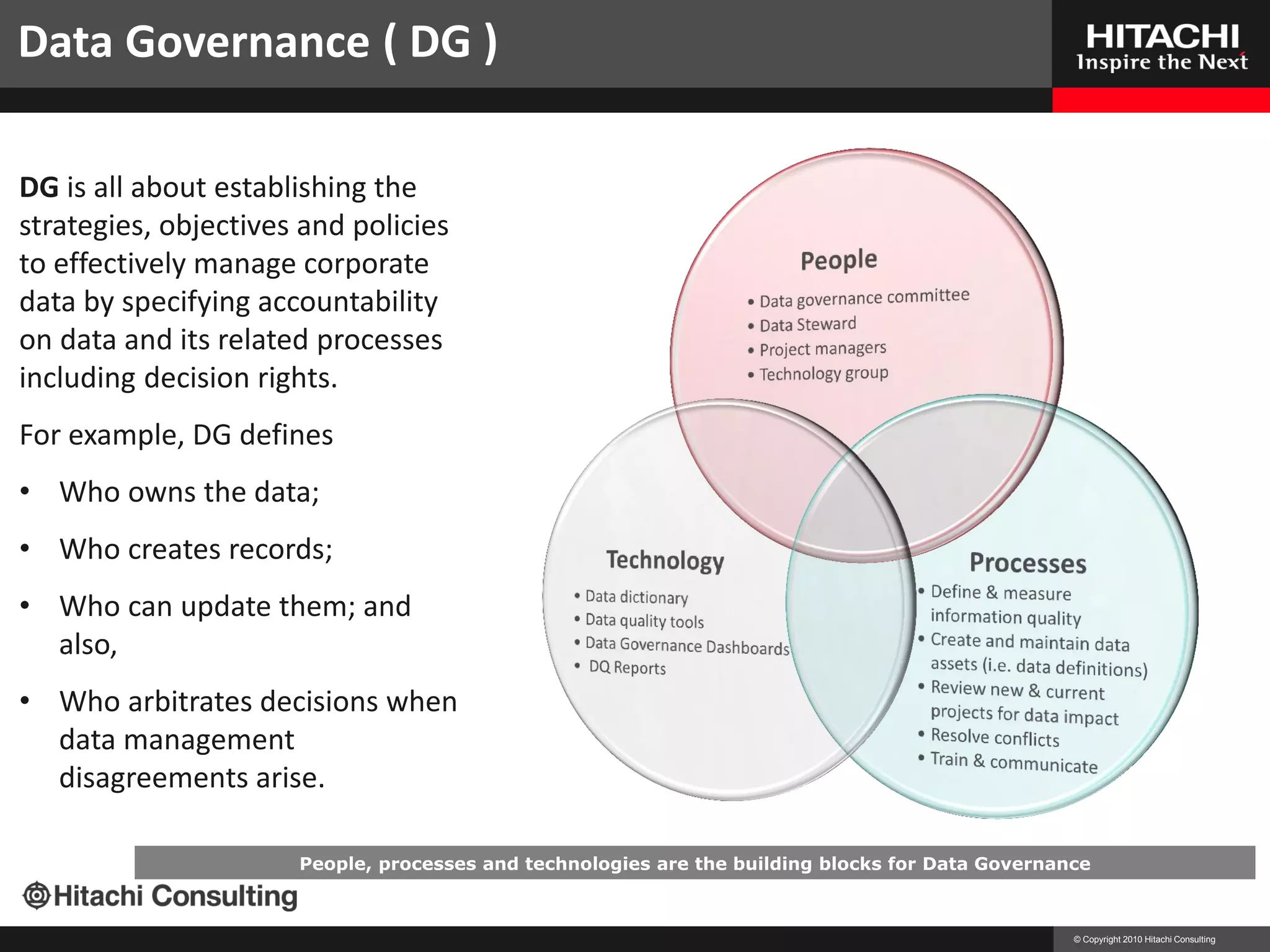 Data Governance ( DG )

DG is all about establishing the
strategies, objectives and policies
to effectively manage corporate
data by specifying accountability
on data and its related processes
including decision rights.
For example, DG defines
• Who owns the data;
• Who creates records;
• Who can update them; and
  also,
• Who arbitrates decisions when
  data management
  disagreements arise.

                      People, processes and technologies are the building blocks for Data Governance



                                                                                                  © Copyright 2010 Hitachi Consulting
 