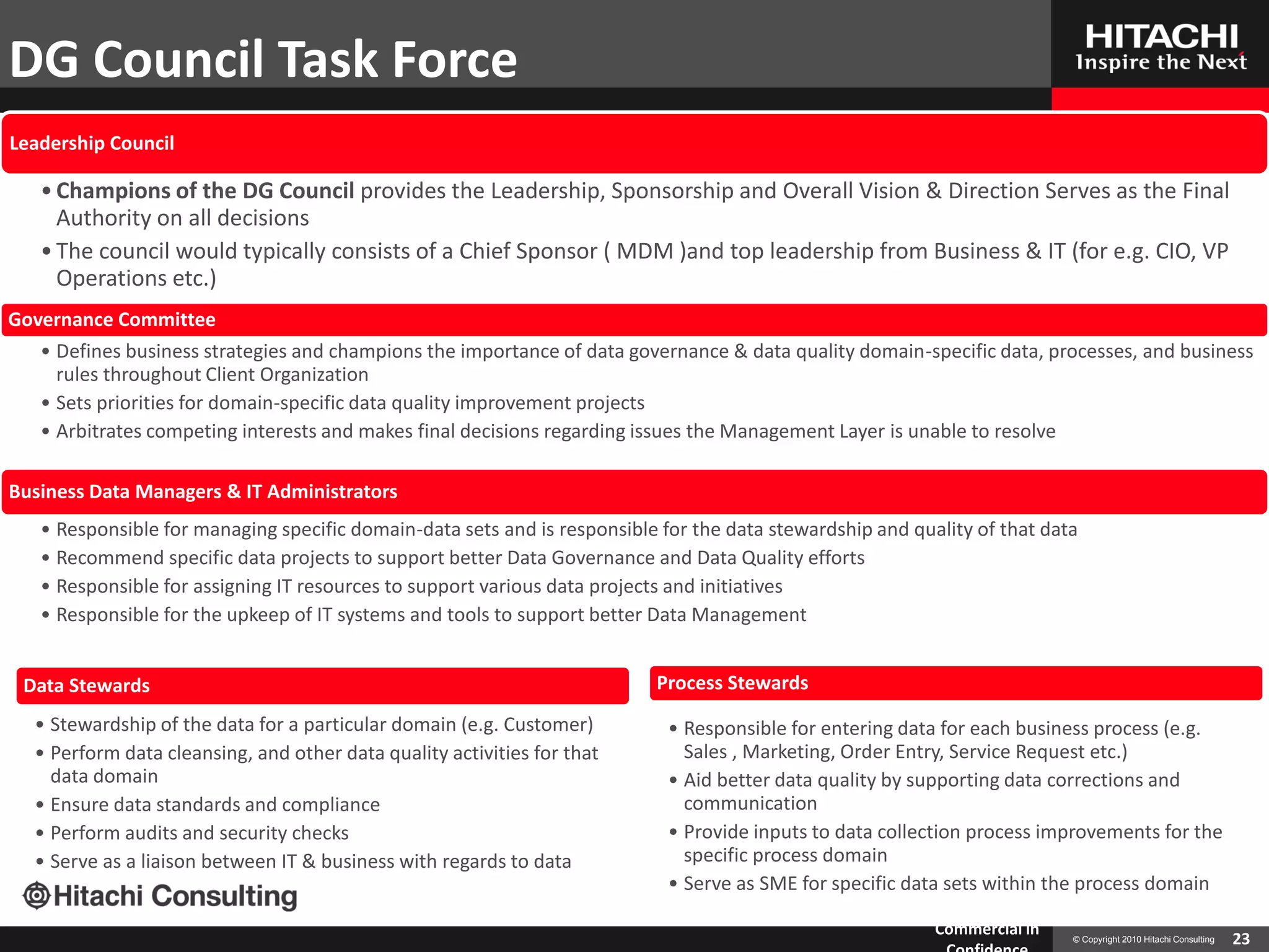 DG Council Task Force
Leadership Council

   • Champions of the DG Council provides the Leadership, Sponsorship and Overall Vision & Direction Serves as the Final
     Authority on all decisions
   • The council would typically consists of a Chief Sponsor ( MDM )and top leadership from Business & IT (for e.g. CIO, VP
     Operations etc.)
Governance Committee
   • Defines business strategies and champions the importance of data governance & data quality domain-specific data, processes, and business
     rules throughout Client Organization
   • Sets priorities for domain-specific data quality improvement projects
   • Arbitrates competing interests and makes final decisions regarding issues the Management Layer is unable to resolve

Business Data Managers & IT Administrators
   • Responsible for managing specific domain-data sets and is responsible for the data stewardship and quality of that data
   • Recommend specific data projects to support better Data Governance and Data Quality efforts
   • Responsible for assigning IT resources to support various data projects and initiatives
   • Responsible for the upkeep of IT systems and tools to support better Data Management


 Data Stewards                                                            Process Stewards
  • Stewardship of the data for a particular domain (e.g. Customer)         • Responsible for entering data for each business process (e.g.
  • Perform data cleansing, and other data quality activities for that        Sales , Marketing, Order Entry, Service Request etc.)
    data domain                                                             • Aid better data quality by supporting data corrections and
  • Ensure data standards and compliance                                      communication
  • Perform audits and security checks                                      • Provide inputs to data collection process improvements for the
  • Serve as a liaison between IT & business with regards to data             specific process domain
                                                                            • Serve as SME for specific data sets within the process domain

                                                                                                           Commercial in   © Copyright 2010 Hitachi Consulting   23
 