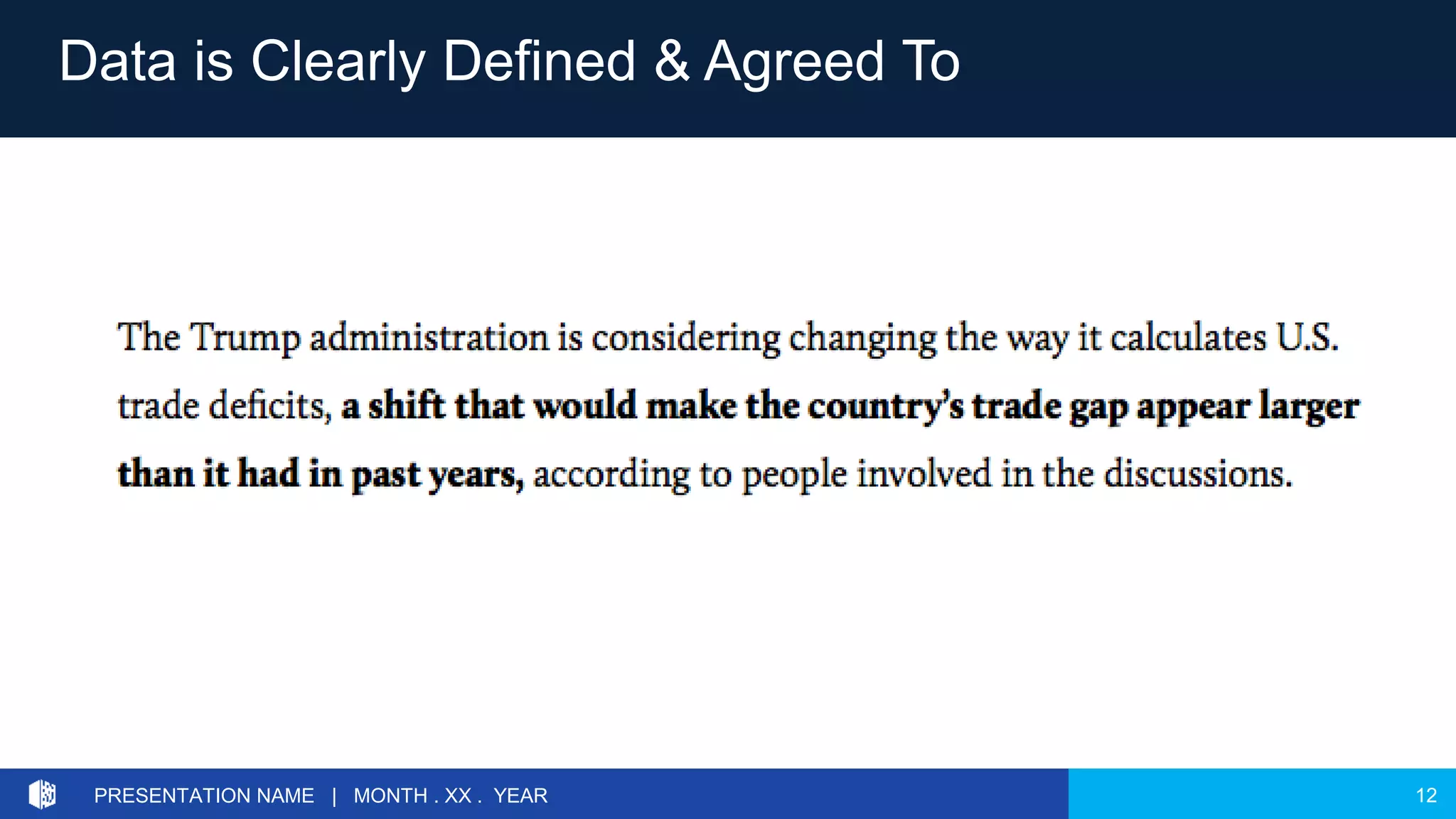 12PRESENTATION NAME | MONTH . XX . YEAR
Data is Clearly Defined & Agreed To
 