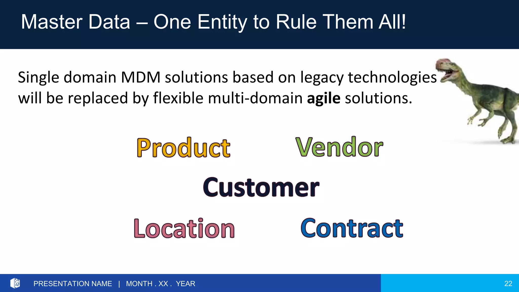 22PRESENTATION NAME | MONTH . XX . YEAR
Master Data – One Entity to Rule Them All!
Single domain MDM solutions based on legacy technologies
will be replaced by flexible multi-domain agile solutions.
 