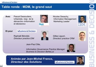 Table ronde : MDM, le grand saut

     Avec      Pascal Dessouliers,                     Nicolas Desachy,
               Urbaniste, resp de la                   Information Management
               démarche «Information                   Marketing Leader
               et décisions»


     Et pour

               Raphaël Bénoliel,                       Gilles Liguori,
               Directeur practice EIM                  Directeur practice CRM

                            Jean-Paul Otte,

                            Information Governance Practice Manager
                            Business & Decision BeNeLux


       Animée par Jean-Michel Franco,
        Directeur des Solutions
11
 