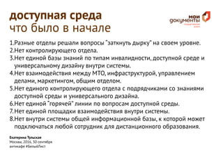 Екатерина Тульская
Москва, 2016, 30 сентября
антикафе #БелыйЛист
1.	Разные отделы решали вопросы “заткнуть дырку” на своем уровне.
2.	Нет контролирующего отдела.
3.	Нет единой базы знаний по типам инвалидности, доступной среде и
универсальному дизайну внутри системы.
4.	Нет взаимодействия между МТО, инфраструктурой, управлением
делами, маркетингом, общим отделом.
5.	Нет единого контролирующего отдела с подрядчиками со знаниями
доступной среды и универсального дизайна.
6.	Нет единой “горячей” линии по вопросам доступной среды.
7.	Нет единой площадки взаимодействия внутри системы.
8.	Нет внутри системы общей информационной базы, к которой может
подключаться любой сотрудник для дистанционного образования.
доступная среда
что было в начале
 