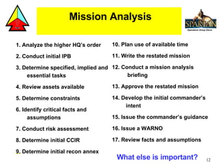 10. Plan use of available time 11. Write the restated mission 12. Conduct a mission analysis    briefing 13. Approve the restated mission 14. Develop the initial commander’s   intent 15. Issue the commander’s guidance 16. Issue a WARNO 17. Review facts and assumptions  1. Analyze the higher HQ’s order 2. Conduct initial IPB 3. Determine specified, implied and essential tasks 4. Review assets available 5. Determine constraints 6. Identify critical facts and assumptions 7. Conduct risk assessment  8. Determine initial CCIR 9. Determine initial recon annex Mission Analysis What else is important? 