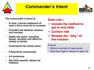 The commander’s intent is: A clear, concise statement of what a force must do to succeed Provides link between mission and concept States key tasks, including tempo, duration and effect on enemy or terrain Understood two levels down Prepared by commander 4-5 sentences Not COA specific--allows for initiative Does not--- Include the method to get to end state Contain risk Restate the “why” of the mission  Commander’s Intent Format Before concept of operations Next two higher intents in para 1b 