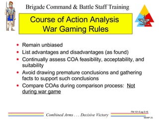 Remain unbiased List advantages and disadvantages (as found) Continually assess COA feasibility, acceptability, and suitability Avoid drawing premature conclusions and gathering facts to support such conclusions Compare COAs during comparison process:  Not during war game Course of Action Analysis  War Gaming Rules FM 101-5 pg 5-16 
