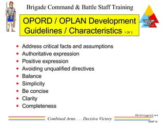 Address critical facts and assumptions Authoritative expression Positive expression Avoiding unqualified directives Balance Simplicity Be concise Clarity Completeness OPORD / OPLAN Development Guidelines / Characteristics  1 OF 2   FM 101-5 pgs H-3, H-4 