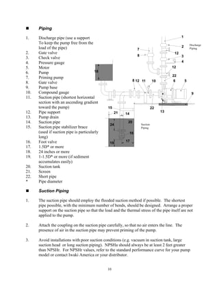 10
 Piping
1. Discharge pipe (use a support
To keep the pump free from the
load of the pipe)
2. Gate valve
3. Check valve
4. Pressure gauge
5. Motor
6. Pump
7. Priming pump
8. Gate valve
9. Pump base
10. Compound gauge
11. Suction pipe (shortest horizontal
section with an ascending gradient
toward the pump)
12. Pipe support
13. Pump drain
14. Suction pipe
15. Suction pipe stabilizer brace
(used if suction pipe is particularly
long)
16. Foot valve
17. 1.5D* or more
18. 24 inches or more
19. 1-1.5D* or more (if sediment
accumulates easily)
20. Suction tank
21. Screen
22. Short pipe
* Pipe diameter
 Suction Piping
1. The suction pipe should employ the flooded suction method if possible. The shortest
pipe possible, with the minimum number of bends, should be designed. Arrange a proper
support on the suction pipe so that the load and the thermal stress of the pipe itself are not
applied to the pump.
2. Attach the coupling on the suction pipe carefully, so that no air enters the line. The
presence of air in the suction pipe may prevent priming of the pump.
3. Avoid installations with poor suction conditions (e.g. vacuum in suction tank, large
suction head or long suction piping). NPSHa should always be at least 2 feet greater
than NPSHr. For NPSHr values, refer to the standard performance curve for your pump
model or contact Iwaki America or your distributor.
19
24
21
15
14
20
16
17
18
8
7
1
2
12
12
10
11
12
8
22
22
13
3
4
6 5
9
Discharge
Piping
Suction
Piping
 