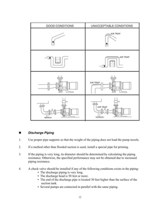 12
 Discharge Piping
1. Use proper pipe supports so that the weight of the piping does not load the pump nozzle.
2. If a method other than flooded suction is used, install a special pipe for priming.
3. If the piping is very long, its diameter should be determined by calculating the piping
resistance. Otherwise, the specified performance may not be obtained due to increased
piping resistance.
4. A check valve should be installed if any of the following conditions exists in the piping:
• The discharge piping is very long.
• The discharge head is 50 feet or more.
• The end of the discharge pipe is located 30 feet higher than the surface of the
suction tank.
• Several pumps are connected in parallel with the same piping.
 