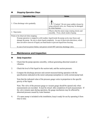 17
 Stopping Operation Steps
Operation Step Notes
1. Close discharge valve gradually. Caution! Do not cause sudden closure by
using solenoid valve, etc. Pump may be damaged
by water hammer.
2. Stop motor.
Observe that the motor stops rotating slowly and
smoothly. If not, check inside of pump.
Points to be observed when stopping:
If pump operation is stopped in cold weather, liquid inside the pump cavity may freeze and
damage the pump. Be sure to drain liquid completely. In case of short term shut down, which
does not allow removal of liquid, use band heater to prevent liquid from freezing.
In case of service power failure, turn power switch OFF and close discharge valve.
7 Maintenance and Inspection
 Daily Inspection
1. Check that the pump operates smoothly, without generating abnormal sounds or
vibration.
2. Check the level of the liquid in the suction tank, and the suction pressure.
3. Compare the discharge pressure and current measured during operation with the
specifications indicated on the motor and pump nameplates to verify normal pump load.
Note that the indicated value of the pressure gauge varies in proportion to the specific
gravity of the liquid.
Note: The valve of the pressure gauge or vacuum gauge should be opened only when
measurements are recorded. It must be closed after completion of each measurement. If
the valve remains open during operation, the gauge mechanism may be affected by
abnormal pressure caused by water hammer.
4. If a spare pump is included in the installation, keep it ready for use by operating it from
time to time.
 