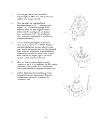 29
3. Place new gasket (73.1) into assembled
front casing/liner. Make sure surfaces are clean
and free from foreign material.
4. Align and attach the impeller (2) with
front inboard thrust collar (72) onto the inner
magnet (230). Ensure that the impeller has
bottomed within the inner magnet assembly
and the impeller securing ports are aligned.
Insert impeller pins (942). Use needle nose
pliers to correctly position pins in impeller and
inner magnet assembly.
5. Heat the inner magnet/impeller assembly in
warm water or oven to 194 °F (90°C) Place the
assembly impeller side down on arbor press and
insert bearing using replacement jig. Insert inboard
thrust collar and using plastic welder or industrial
dryer to weld heat tabs and secure collar in place.
Note: Impeller and magnet capsule are welded
together on high temperature versions.
6. Clean any foreign matter or build-up on the
containment shell. Align and insert the shaft into the
containment shell by hand. Use a hand press if
shaft is difficult to insert into the containment shell.
7. Confirm that there are no metal pieces or other
matter adhering to the inner magnet. Insert the
inner magnet with impeller slowly into the
containment shell.
 