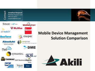 Jonathan Raspaud
Mobility Practice Lead
469-222-6377
jraspaud@akili.com




                         Mobile Device Management
                               Solution Comparison
 