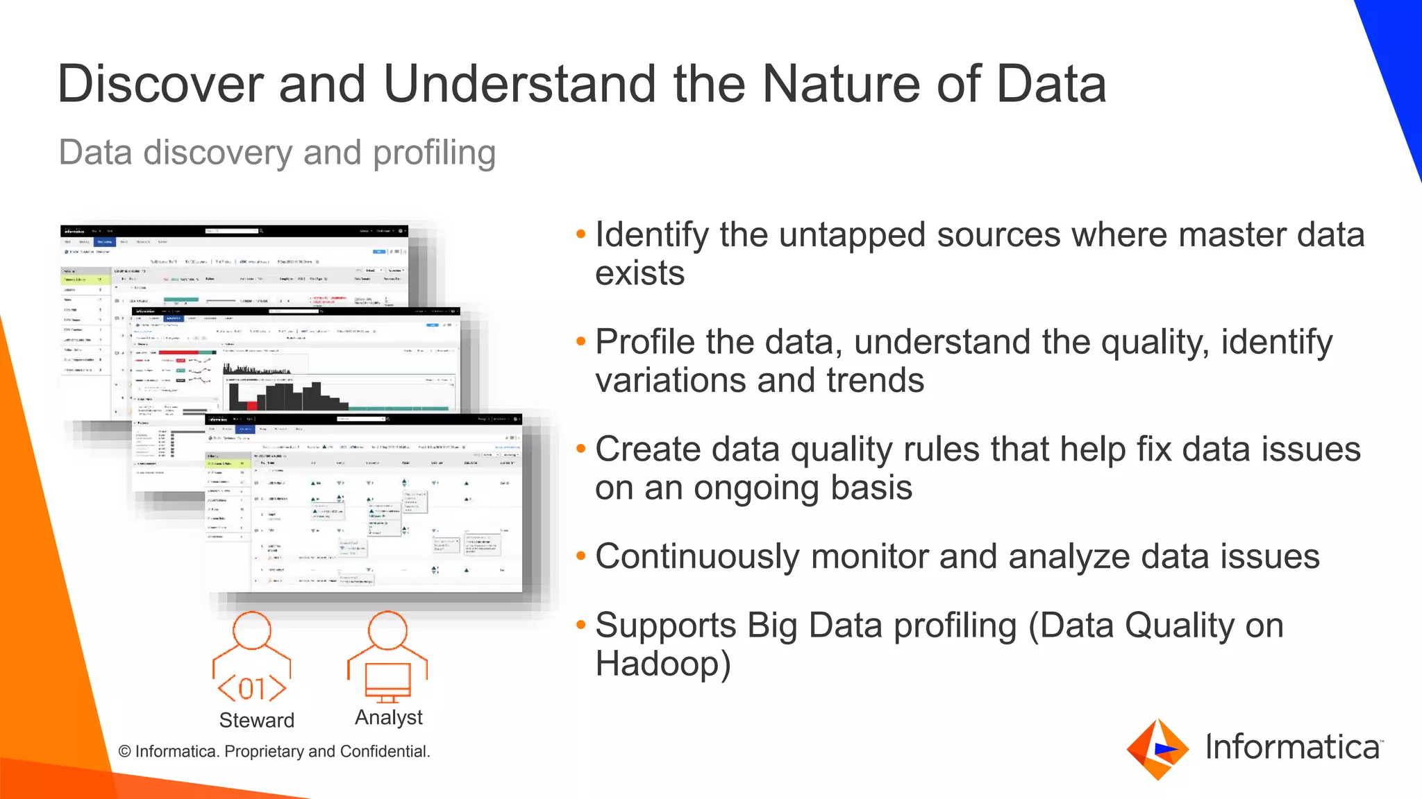 © Informatica. Proprietary and Confidential.
Discover and Understand the Nature of Data
Data discovery and profiling
• Identify the untapped sources where master data
exists
• Profile the data, understand the quality, identify
variations and trends
• Create data quality rules that help fix data issues
on an ongoing basis
• Continuously monitor and analyze data issues
• Supports Big Data profiling (Data Quality on
Hadoop)
AnalystSteward
 