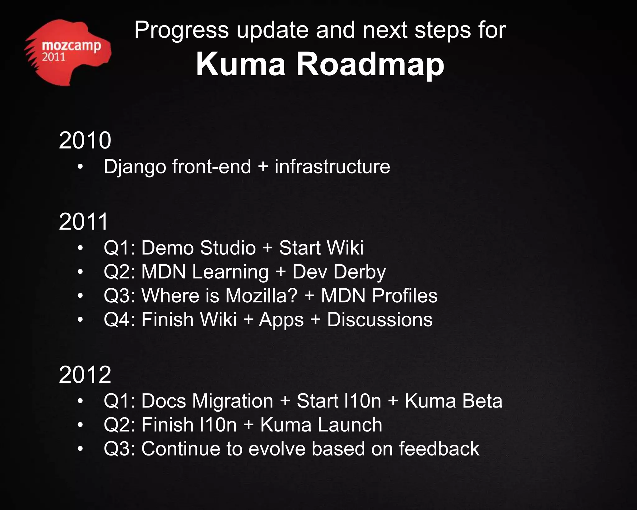 Progress update and next steps for Kuma Roadmap 2010 • Django front-end + infrastructure 2011 • Q1: Demo Studio + Start Wiki • Q2: MDN Learning + Dev Derby • Q3: Where is Mozilla? + MDN Profiles • Q4: Finish Wiki + Apps + Discussions 2012 • Q1: Docs Migration + Start l10n + Kuma Beta • Q2: Finish l10n + Kuma Launch • Q3: Continue to evolve based on feedback 