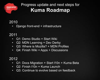 Progress update and next steps for
               Kuma Roadmap

2010
 •   Django front-end + infrastructure

2011
 •   Q1: Demo Studio + Start Wiki
 •   Q2: MDN Learning + Dev Derby
 •   Q3: Where is Mozilla? + MDN Profiles
 •   Q4: Finish Wiki + Apps + Discussions

2012
 •   Q1: Docs Migration + Start l10n + Kuma Beta
 •   Q2: Finish l10n + Kuma Launch
 •   Q3: Continue to evolve based on feedback
 