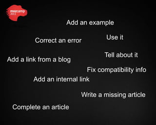 Fix a typo
                          Add an example

               Correct an error          Use it

                                        Tell about it
Add a link from a blog
                                  Fix compatibility info
               Add an internal link

                                Write a missing article
 Complete an article
 