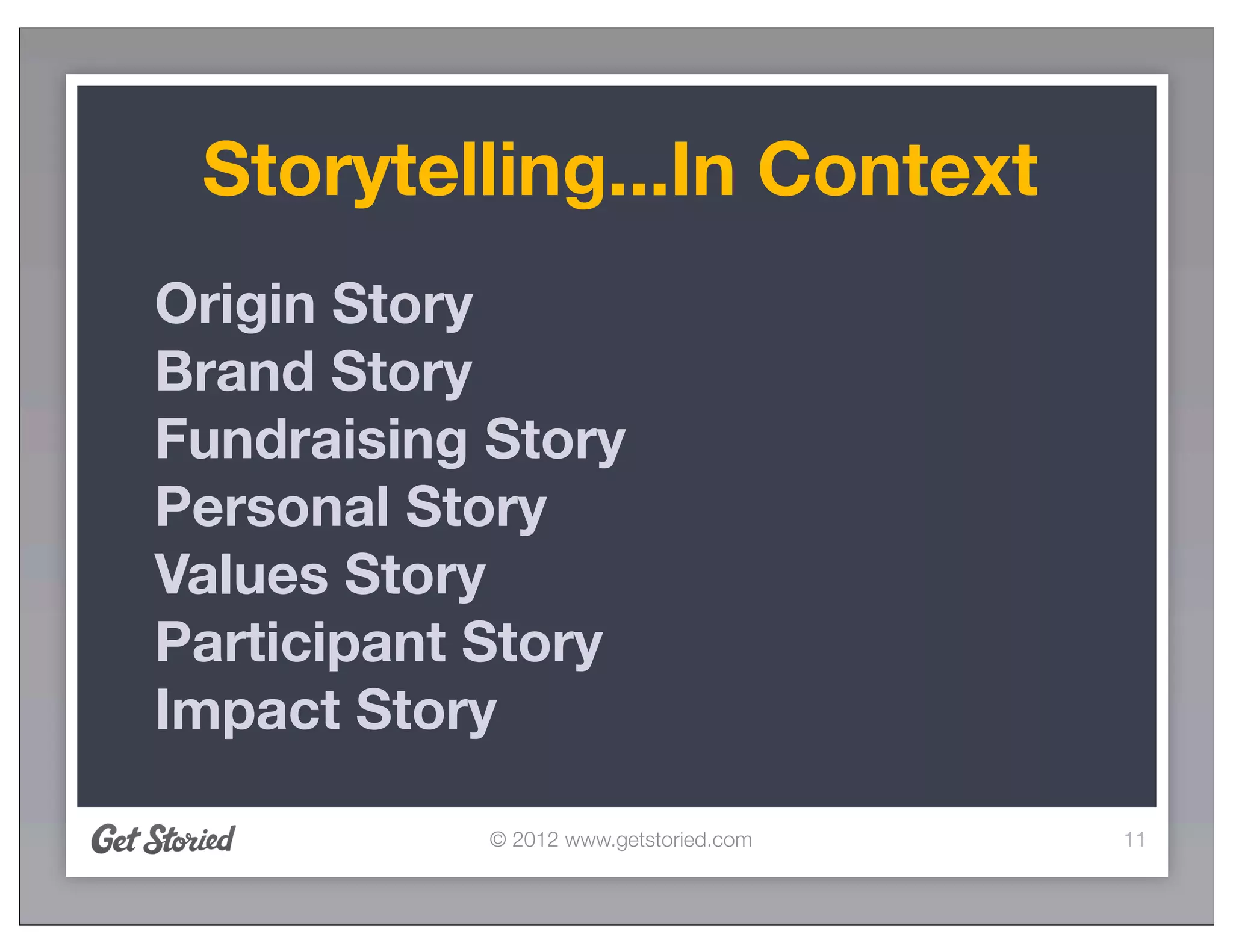 Storytelling...In Context
Origin Story
Brand Story
Fundraising Story
Personal Story
Values Story
Participant Story
Impact Story

            © 2012 www.getstoried.com   11
 