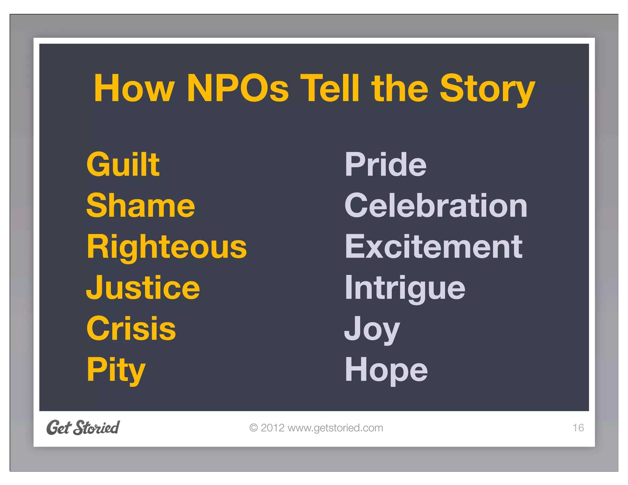How NPOs Tell the Story
Guilt                        Pride
Shame                        Celebration
Righteous                    Excitement
Justice                      Intrigue
Crisis                       Joy
Pity                         Hope
            © 2012 www.getstoried.com      16
 