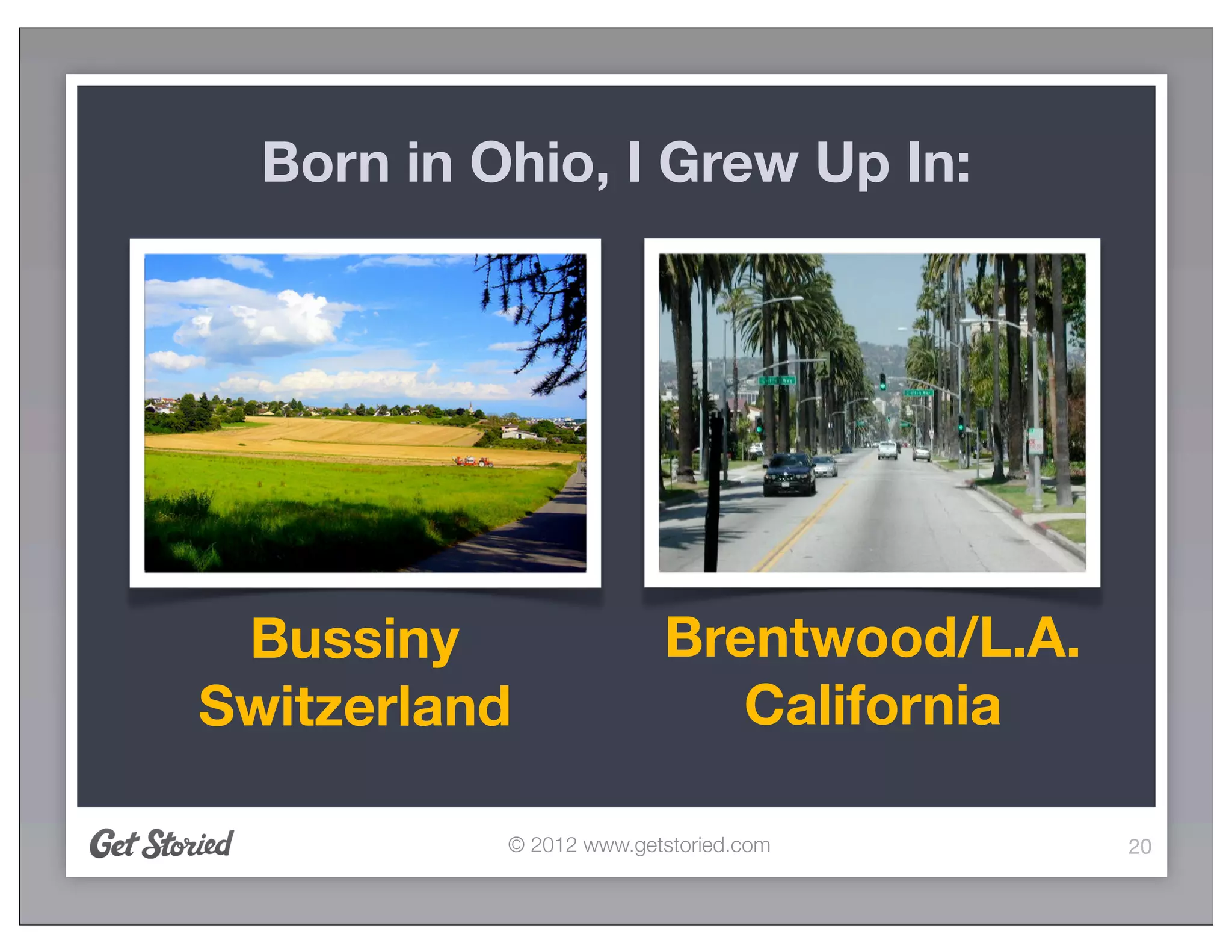 Born in Ohio, I Grew Up In:




 Bussiny                 Brentwood/L.A.
Switzerland                 California

           © 2012 www.getstoried.com      20
 