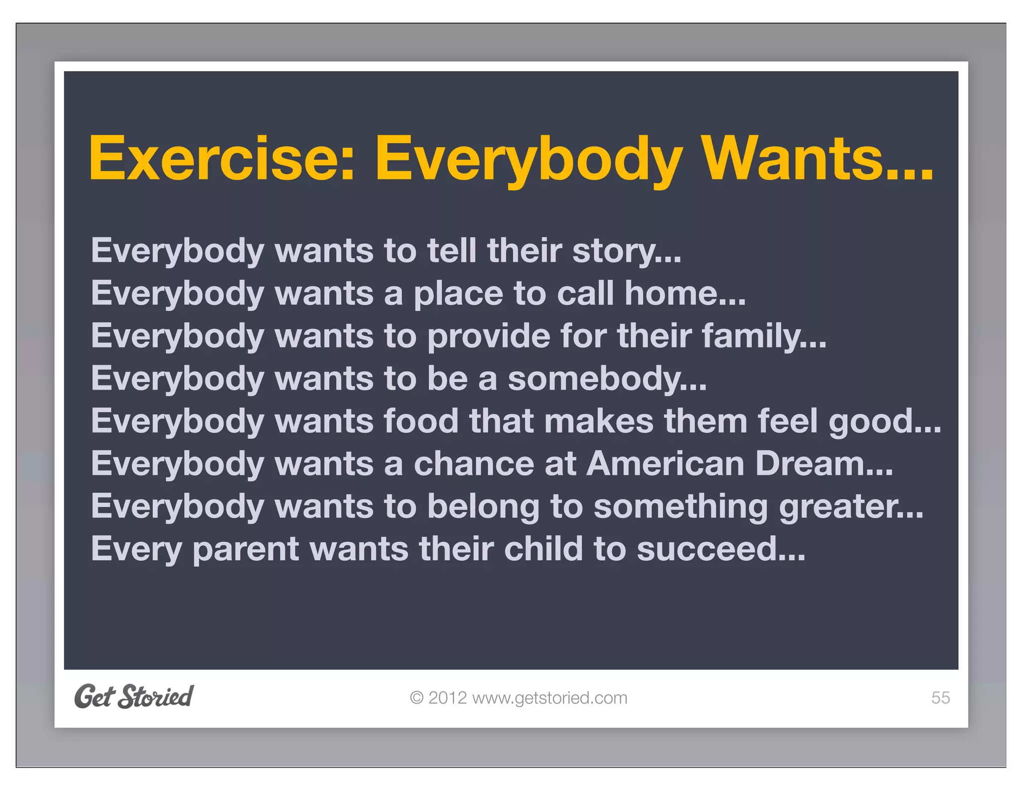 Exercise: Everybody Wants...
Everybody wants to tell their story...
Everybody wants a place to call home...
Everybody wants to provide for their family...
Everybody wants to be a somebody...
Everybody wants food that makes them feel good...
Everybody wants a chance at American Dream...
Everybody wants to belong to something greater...
Every parent wants their child to succeed...



                  © 2012 www.getstoried.com     55
 
