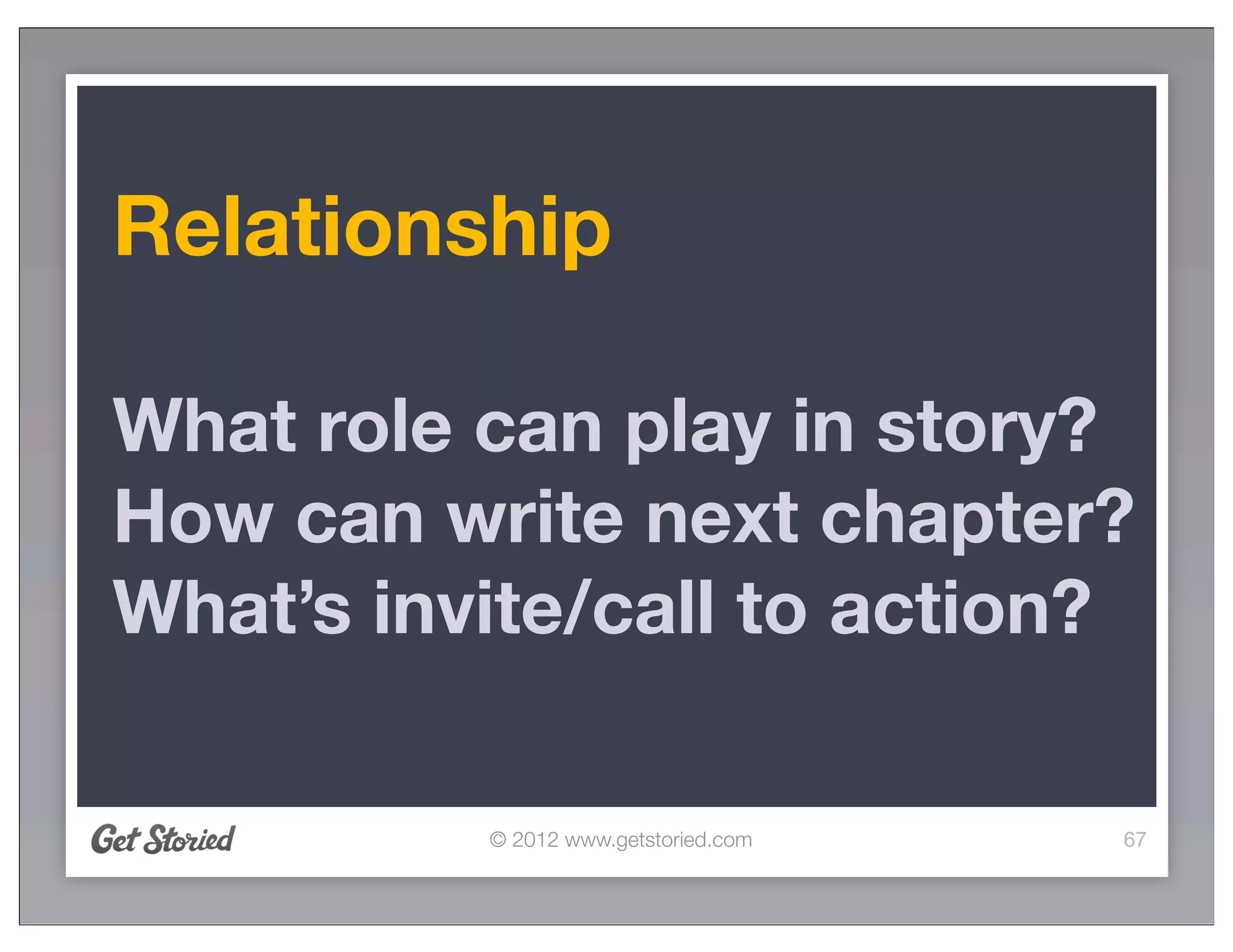 Relationship

What role can play in story?
How can write next chapter?
What’s invite/call to action?

          © 2012 www.getstoried.com   67
 