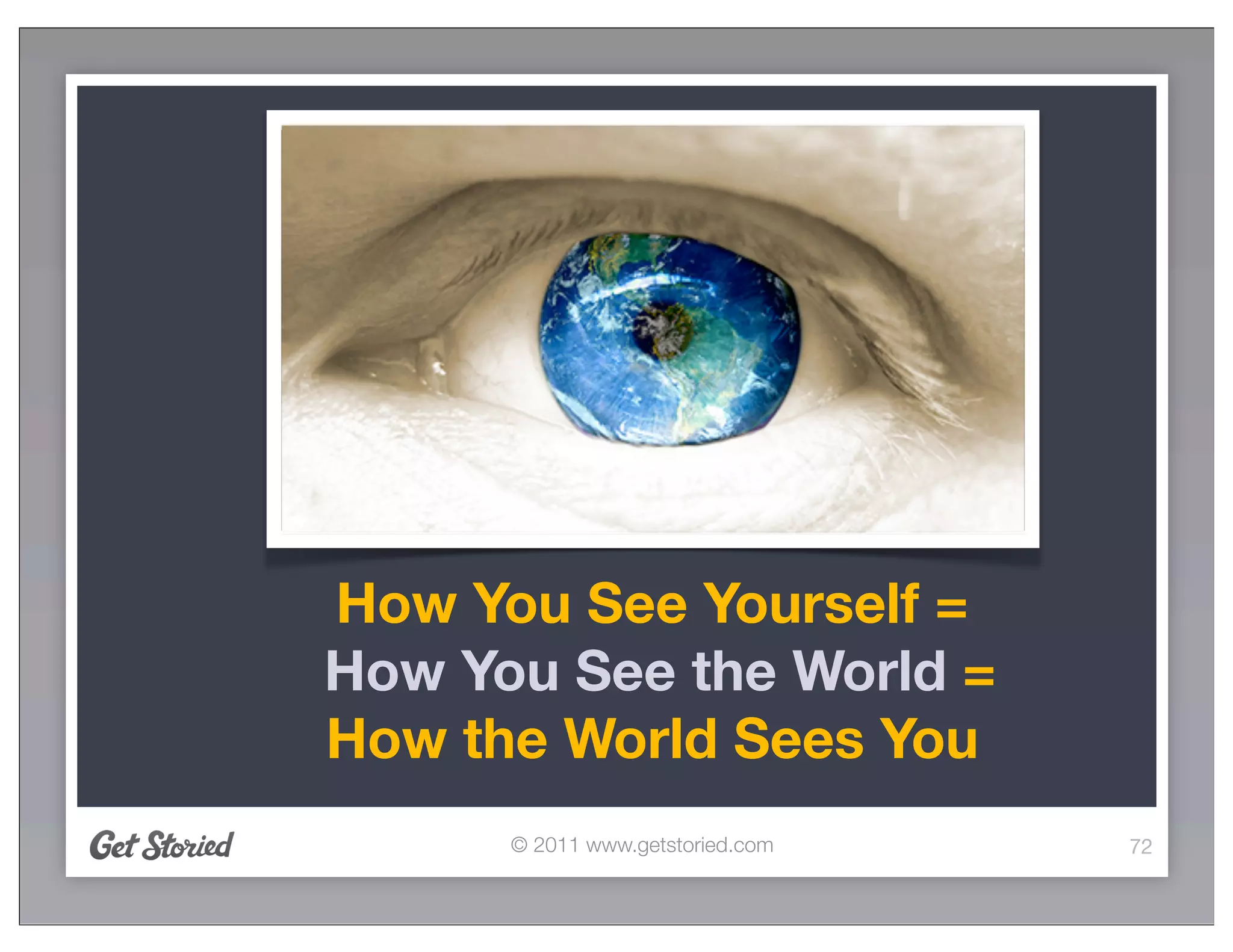 How You See Yourself =
How You See the World =
How the World Sees You
      © 2011 www.getstoried.com   72
 