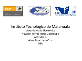 Instituto Tecnológico de Matehuala 
Mercadotecnia Electrónica 
Navarro Torres María Guadalupe 
Actividad 4 
Alma Rosa Loera Cruz 
7GA 
 