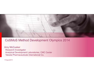 CoSMoS Method Development Olympics 2014
11August2014
Amy McCusker
Research Investigator
Analytical Development Laboratories, CMC Center
Takeda Pharmaceuticals International Co.
 