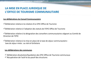 LA MISE EN PLACE JURIDIQUE DE
  L’OFFICE DE TOURISME COMMUNAUTAIRE

Les délibérations du Conseil Communautaire

Délibération relative à la création d’un EPIC Office de Tourisme

Délibération relative à l’adoption des statuts de l’EPIC Office de Tourisme

Délibération relative à la désignation des conseillers communautaires siégeant au Comité de
Direction de l’EPIC

Délibération relative à la mise en place de la taxe de séjour communautaire :
 taxe de séjour mixte : au réel et forfaitaire


 Les délibérations des communes

  Délibération dissolution/liquidation des EPIC Office de Tourisme communaux
  Récupération de l’actif et du passif des structures
 