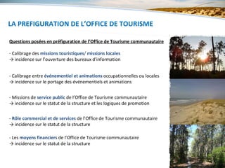 LA PREFIGURATION DE L’OFFICE DE TOURISME
      5 - L’ORGANISATION


Questions posées en préfiguration de l’Office de Tourisme communautaire

- Calibrage des missions touristiques/ missions locales
→ incidence sur l’ouverture des bureaux d’information


- Calibrage entre événementiel et animations occupationnelles ou locales
→ incidence sur le portage des événementiels et animations


- Missions de service public de l’Office de Tourisme communautaire
→ incidence sur le statut de la structure et les logiques de promotion


- Rôle commercial et de services de l’Office de Tourisme communautaire
→ incidence sur le statut de la structure

- Les moyens financiers de l’Office de Tourisme communautaire
→ incidence sur le statut de la structure
 