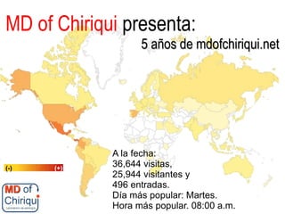 MD of Chiriqui presenta:
5 años de mdofchiriqui.net5 años de mdofchiriqui.net
A la fecha:
36,644 visitas,
25,944 visitantes y
496 entradas.
Día más popular: Martes.
Hora más popular. 08:00 a.m.
(-) (+)
 