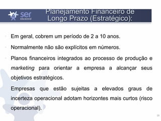 19
Planejamento Financeiro de
Longo Prazo (Estratégico):
• Em geral, cobrem um período de 2 a 10 anos.
• Normalmente não são explícitos em números.
• Planos financeiros integrados ao processo de produção e
marketing para orientar a empresa a alcançar seus
objetivos estratégicos.
• Empresas que estão sujeitas a elevados graus de
incerteza operacional adotam horizontes mais curtos (risco
operacional).
 