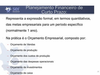 20
Planejamento Financeiro de
Curto Prazo:
• Representa a expressão formal, em termos quantitativos,
das metas empresariais para um período específico
(normalmente 1 ano).
• Na prática é o Orçamento Empresarial, composto por:
– Orçamento de Vendas
– Orçamento de produção
– Orçamento dos custos de produção
– Orçamento das despesas operacionais
– Orçamento de investimentos
– Orçamento de caixa
 
