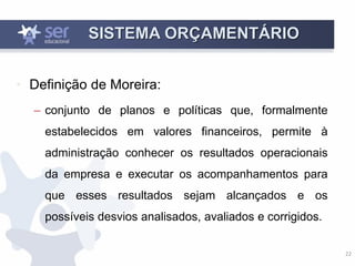 22
SISTEMA ORÇAMENTÁRIO
• Definição de Moreira:
– conjunto de planos e políticas que, formalmente
estabelecidos em valores financeiros, permite à
administração conhecer os resultados operacionais
da empresa e executar os acompanhamentos para
que esses resultados sejam alcançados e os
possíveis desvios analisados, avaliados e corrigidos.
 