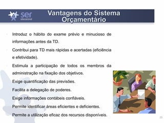 23
Vantagens do Sistema
Orçamentário
• Introduz o hábito do exame prévio e minucioso de
informações antes da TD.
• Contribui para TD mais rápidas e acertadas (eficiência
e efetividade).
• Estimula a participação de todos os membros da
administração na fixação dos objetivos.
• Exige quantificação das previsões.
• Facilita a delegação de poderes.
• Exige informações contábeis confiáveis.
• Permite identificar áreas eficientes e deficientes.
• Permite a utilização eficaz dos recursos disponíveis.
 