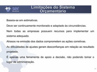 24
Limitações do Sistema
Orçamentário
• Baseia-se em estimativas.
• Deve ser continuamente monitorado e adaptado às circunstâncias.
• Nem todas as empresas possuem recursos para implementar um
sistema adequado.
• Atrasos na emissão dos dados comprometem as ações corretivas.
• As dificuldades de ajustes geram desconfianças em relação ao resultado
projetado.
• É apenas uma ferramenta de apoio a decisão, não podendo tomar o
lugar da administração.
 