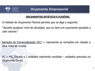 36
Orçamento Empresarial
ORÇAMENTOS ESTÁTICO E FLEXÍVEL
O método do Orçamento Flexível permite que se diga o seguinte:
“Escolha qualquer nível de atividade, que eu farei um orçamento ajustado a
este volume.”
Variação de Comercialização (VC)  representa as variações em relação a
uma meta de receita
VC = MCu Orçada x ( unidades realmente vendidas – unidades previstas no
Orçamento Geral)
 