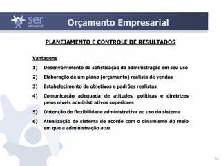 51
Vantagens
1) Desenvolvimento da sofisticação da administração em seu uso
2) Elaboração de um plano (orçamento) realista de vendas
3) Estabelecimento de objetivos e padrões realistas
4) Comunicação adequada de atitudes, políticas e diretrizes
pelos níveis administrativos superiores
5) Obtenção de flexibilidade administrativa no uso do sistema
6) Atualização do sistema de acordo com o dinamismo do meio
em que a administração atua
PLANEJAMENTO E CONTROLE DE RESULTADOS
Orçamento Empresarial
 