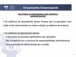 53
RELATÓRIO DE DESEMPENHO PARA CONTROLE
ADMINISTRATIVO
• Os relatórios de desempenho devem mostrar que as operações reais
estão sendo desenvolvidas de modo a atingir os objetivos da empresa
• Os relatórios de desempenho devem:
- Cobrir todos os aspectos significativos das operações
- Ser compatível com a estrutura de responsabilidades administrativas
- Usar o princípio de administração por exceção
Orçamento Empresarial
 