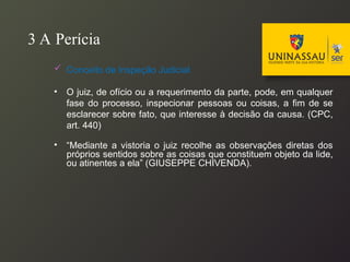 3 A Perícia
 Conceito de Inspeção Judicial
• O juiz, de ofício ou a requerimento da parte, pode, em qualquer
fase do processo, inspecionar pessoas ou coisas, a fim de se
esclarecer sobre fato, que interesse à decisão da causa. (CPC,
art. 440)
• “Mediante a vistoria o juiz recolhe as observações diretas dos
próprios sentidos sobre as coisas que constituem objeto da lide,
ou atinentes a ela” (GIUSEPPE CHIVENDA).
 