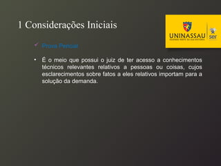  Prova Pericial
• É o meio que possui o juiz de ter acesso a conhecimentos
técnicos relevantes relativos a pessoas ou coisas, cujos
esclarecimentos sobre fatos a eles relativos importam para a
solução da demanda.
1 Considerações Iniciais
 