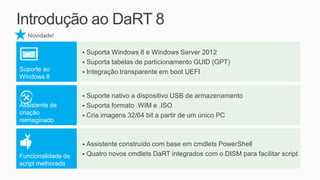 Introdução ao DaRT 8
  Novidade!

                     Suporta Windows 8 e Windows Server 2012
                     Suporta tabelas de particionamento GUID (GPT)
Suporte ao           Integração transparente em boot UEFI
Windows 8


                     Suporte nativo a dispositivo USB de armazenamento
Assistente de        Suporta formato .WIM e .ISO
criação              Cria imagens 32/64 bit a partir de um único PC
reimaginado


                     Assistente construído com base em cmdlets PowerShell
Funcionalidade de    Quatro novos cmdlets DaRT integrados com o DISM para facilitar script
script melhorada
 
