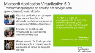 Usuários produtivos em qualquer
lugar com aplicações sob           “O App-V o custo de
demanda que funcionam como se      empacotamento de aplicações
                                   em 80% e permite que o
estivessem instaladas localmente   usuário consiga com facilidade
                                   as aplicações de que precise”
Estender os benefícios da
virtualização para aplicações
altamente integradas
                                                           Olivier Dury
                                       Gerente Senior, The Merck Group
Gerenciamento facilitado permite
implementação e manutenção de
aplicações ao longo do seu ciclo
de vida
 