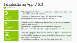 Nova Versão!


                  “Virtual Application Extension” permite que os aplicativos funcionem como
                   se estivessem realmente instalados
                  Facilidade de diagnóstico e reparo das aplicações virtuais
Plataforma
Integrada         Não requer unidade de disco dedicada (ex.: Q)

                  “Virtual Application Connection” permite que vários aplicativos virtuais
                   trabalhem em conjunto
                  Projetado para suportar aplicações altamente integradas
Virtualização
Flexível          Baseado nos investimentos das versões anteriores do App-V


                  Otimizar o espaço em disco em VDI através do “Shared Content Store”
                  Interface gráfica web permite ao professional de TI descobrir e usar os
                   recursos de gerenciamento
Gerenciamento
Poderoso          Gerenciamento centralizado da interação entre aplicações
 